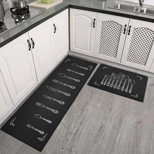 Vista 6 de Alfombras y tapetes negros de cocina antideslizantes, lavables, absorbentes, de microfibra, para piso, juego de 2 tapetes de cocina negros