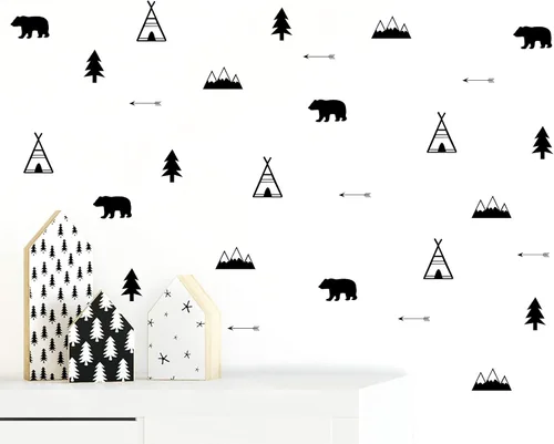 Vista 2 de Vinilo adhesivo de pared de bosque, osos, flechas, tipi, árboles y montañas, calcomanías de pared de vinilo mate para dormitorio de bebé