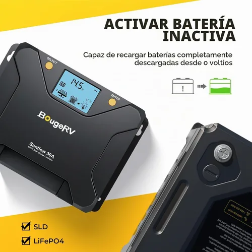 Vista 4 de BougeRV MPPT Controlador de carga solar de 30 A, con corte a baja temperatura, control de aplicación, LCD retroiluminado, regulador de panel solar