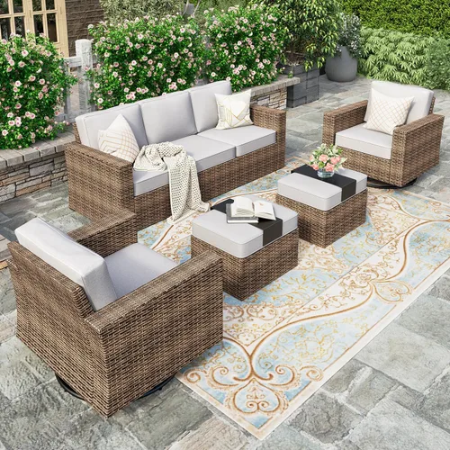 Vista 10 de HERA'S HOUSE Juego de muebles de patio para conversación, sillas de mimbre giratorias con deslizamiento para exteriores con reposabrazos ampliados