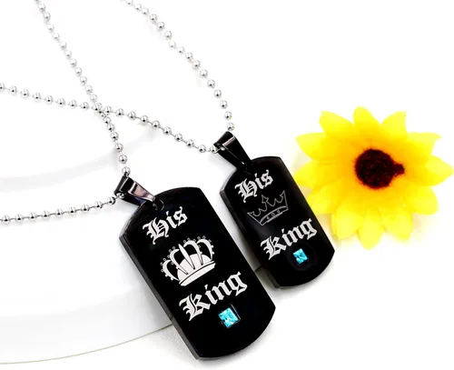 Vista 7 de Uloveido Juego de 2 collares de titanio con placa de identificación de orgullo gay o lesbiana para su rey y su reina SN125 (negro, dorado)
