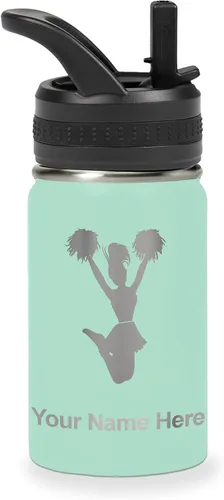 Vista 64 de LaserGram Botella de agua con tapa abatible de doble pared de 12 onzas con pajita, animadora, grabado personalizado incluido (negro)