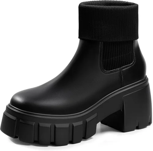 Vista 6 de FITORY Botas Chelsea para mujer, botines de tobillo elásticos con tacón medio grueso y suela con tacos, zapatos cómodos y modernos sin cordones