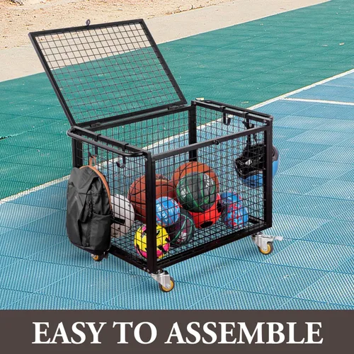 Vista 5 de MyGift Carrito de almacenamiento de pelotas deportivas de metal negro para parque infantil, Dodge Ball, baloncesto, pelota de fútbol, canasta