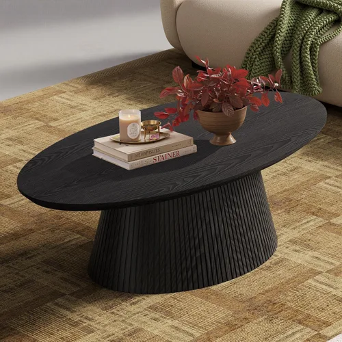 Vista 6 de win2win Mesa de Centro Ovalada, Mesa de Centro Moderna con Diseño Acanalado, Mesa de Té Minimalista con Chapa de Veta de Madera, Mesa Central