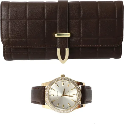 Vista 10 de Reloj de pulsera de cuero dorado para mujer y cartera de tres pliegues a juego