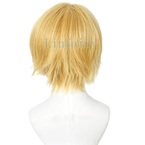 Vista 8 de Linfairy Peluca corta rubia para cosplay, disfraz de Halloween, peluca de gato para hombres Rubio