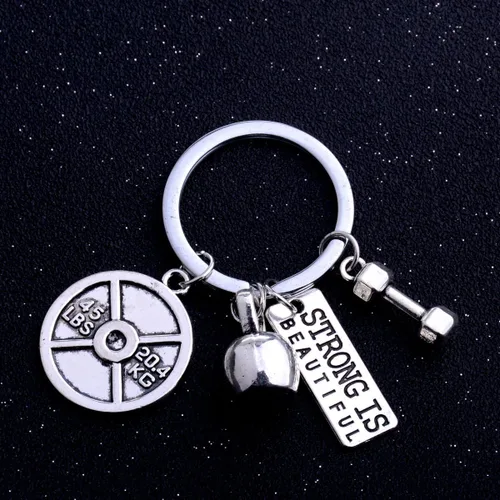 Vista 3 de Llavero de gimnasio de fitness con citas, placa de pesas y pesas rusas para ejercicio fuerte es hermoso, llavero colgante de regalo para papá