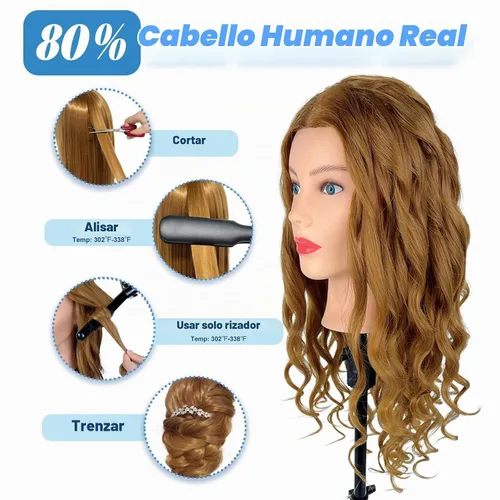 Vista 3 de Cabeza de maniquí de cabello humano, 80% cabello real, maniquí para cosmetología, con soporte de trípode para práctica de peinado, trenzado y Ámbar