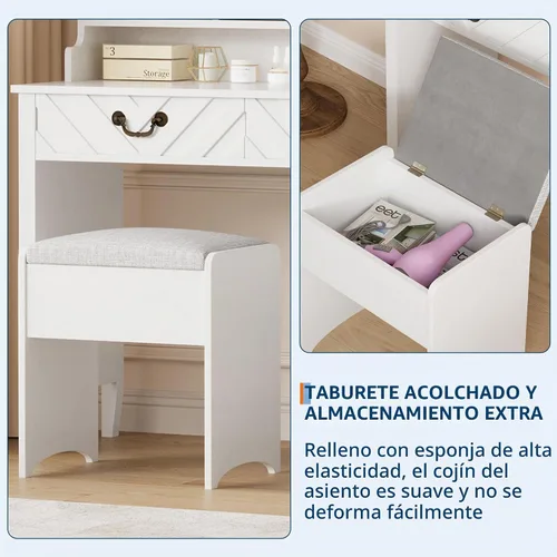 Vista 7 de GarveeHome Escritorio de tocador con espejo deslizante y luces, tocador de maquillaje blanco con taburete, tocador retráctil con tomacorriente