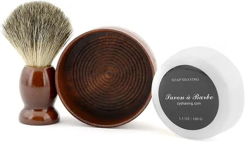 Vista 2 de Grandslam Cepillo de afeitar de pelo de tejón puro, taza de madera natural, juego de peluquero de jabón hecho a mano