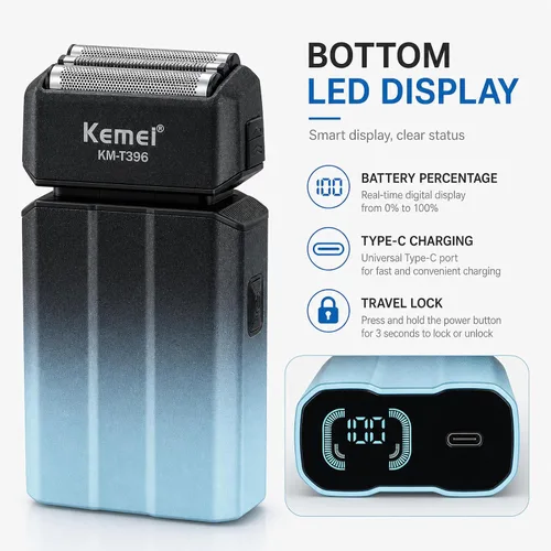 Vista 3 de Kemei KM-T396 - Afeitadora eléctrica para hombres con 3 cuchillas flotantes, afeitadora eléctrica inalámbrica recargable de 7500 RPM para hombre