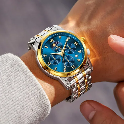 Vista 2 de OLEVS Watch for Men Diamond Business Dress Analog Quartz Stainless Steel Waterproof Luminous Date Two Tone Luxury Casual Wrist Watch Blue