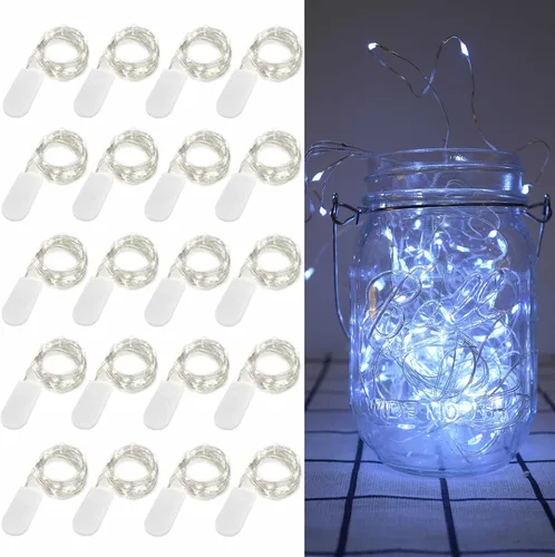 Vista 9 de Paquete de 15 luces de hadas que funcionan con pilas, 6.6 pies, 20 luces LED de tarro de masón, alambre plateado, impermeable, luciérnaga, mini