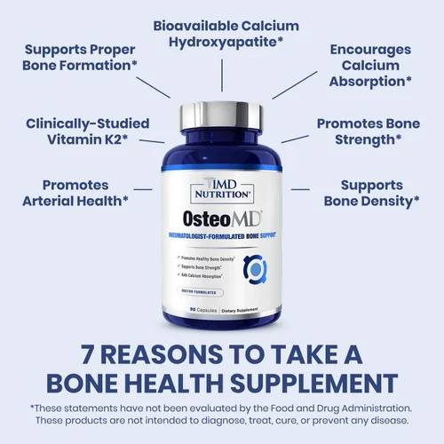 Vista 2 de 1MD OsteoMD para apoyo integral óseo con hidroxiapatita de calcio, vitamina D3 y K2 90 cápsulas