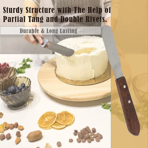 Vista 4 de A2Z SCILAB Cuchillo de mantequilla con mango de madera, espátula de glaseado para pasteles, herramienta de decoración de pastelería, acero