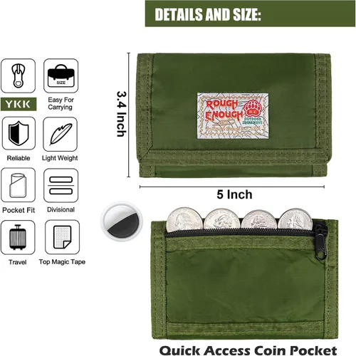 Vista 6 de Rough Enough - Cartera para niños con cordón para adolescentes y niños, con cremallera, monedero de nailon verde militar