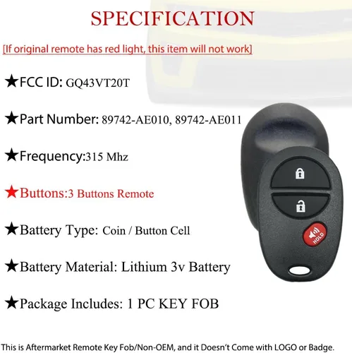 Vista 4 de MechanMagic Llavero Remoto de Reemplazo Compatible con Toyota Tundra Tacoma Sienna Sequoia Highlander 2007 2008 2009 2010 2011 2012 2013 GQ43VT20T