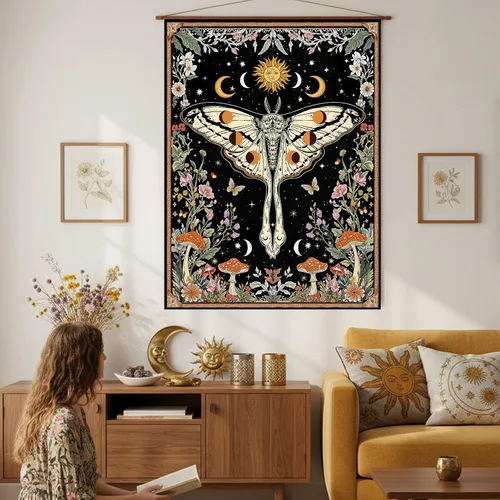 Vista 3 de Aipon Tapiz bohemio de polilla vintage con flores florales, tapices estéticos retro de hongos para dormitorio, sol y luna, tapiz pequeño para colgar