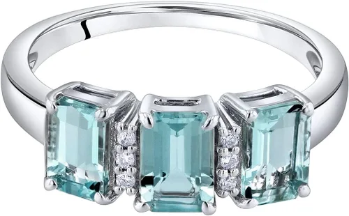 Vista 3 de PEORA Anillo de tres piedras de aguamarina y diamantes para mujer, oro blanco de 14 quilates, piedra natal de piedras preciosas auténticas, 1.50