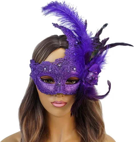 Vista 9 de Máscara de plumas burlesque, máscara de encaje de Mardi Gras para mujer, disfraz de plumas de pavo real, máscara de brocado veneciano
