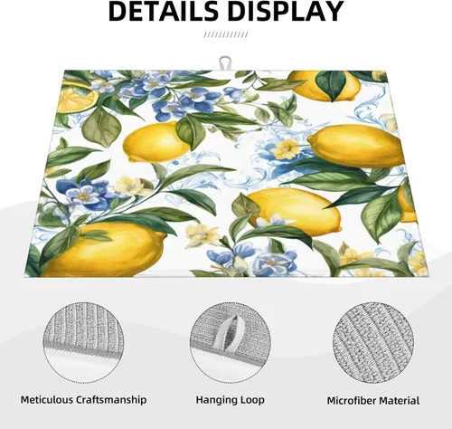 Vista 7 de Tapete de secado de platos de limón para encimera de cocina, protector y decoración súper absorbente de doble cara de microfibra para barra de café