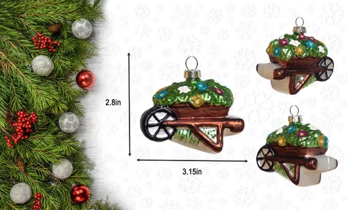Vista 2 de Adorno de invernadero de vidrio soplado a mano y adorno de carretilla, juego de 2 adornos de jardín de vidrio para árbol de Navidad