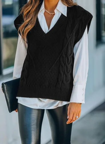 Vista 2 de Dokotoo Suéter chaleco para mujer, suéter de punto con cuello en V, suéteres de gran tamaño, sin mangas, camisetas sin mangas