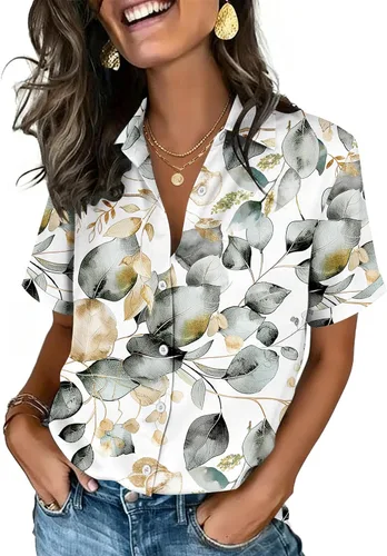 Vista 24 de Zeagoo Camisas con botones para mujer, de manga corta, cuello en V, elegantes y casuales