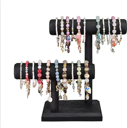 Vista 3 de Ikee Design Torre de exhibición de relojes de pulsera de madera de 2 niveles, soporte de almacenamiento para collar, 7.9 pulgadas de ancho x 4.3