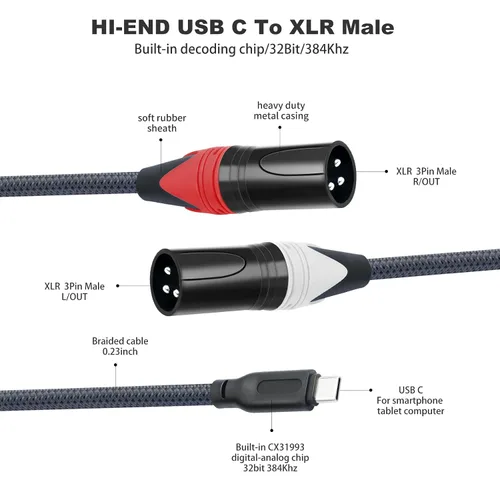 Vista 3 de Cable de audio USB C a XLR, cable estéreo de salida XLR de 3.3 pies tipo C a macho, adaptador convertidor para amplificador, altavoz, consola