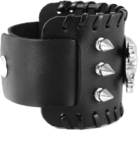 Vista 5 de Negro remaches de metal tachuelas punk rock biker cinturón ancho cuero pulsera guardia correa de muñeca calavera
