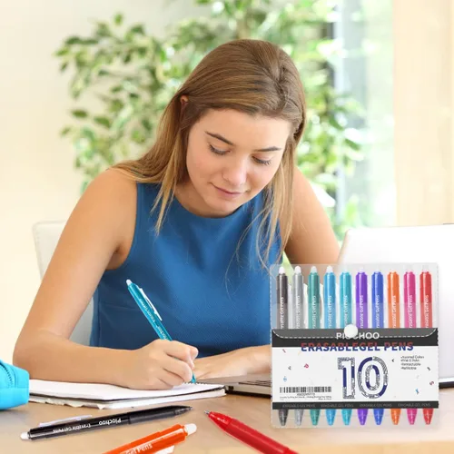 Vista 6 de Piochoo Bolígrafos borrables, 10 bolígrafos retráctiles de tinta de gel de colores surtidos, bolígrafos de punta fina de 0.028 in, bolígrafos