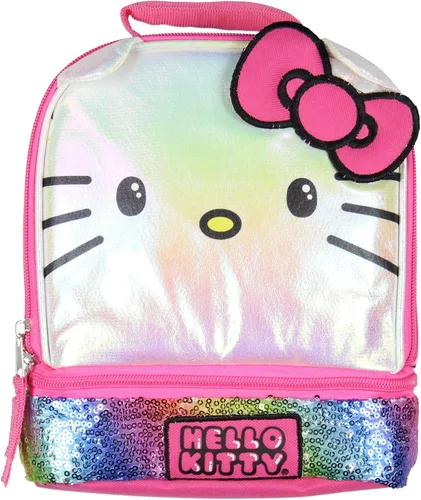 Vista 2 de AI ACCESSORY INNOVATIONS Sanrio Hello Kitty - Lonchera infantil con orejas 3D y lentejuelas arcoíris, bolsa aislante de 9 pulgadas