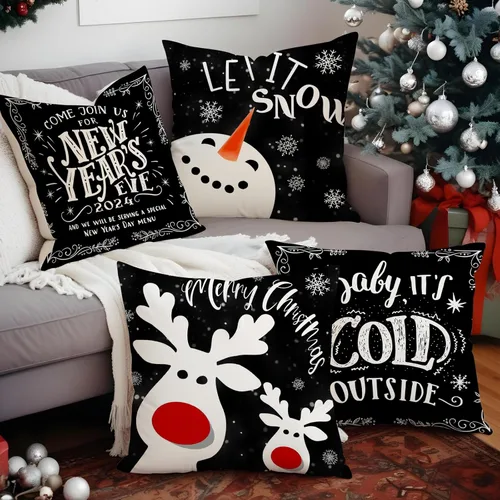 Vista 3 de MIRLEWAIY Paquete de 4 fundas de almohada de 18 x 18 pulgadas, diseño de reno de Navidad, muñeco de nieve de granja, feliz Navidad, feliz año nuevo