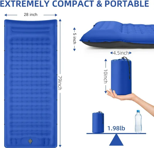 Vista 3 de FNARMW Colchoneta de dormir para camping, extra gruesa de 5 pulgadas, con almohada, bomba de pie integrada, almohadillas inflables compactas