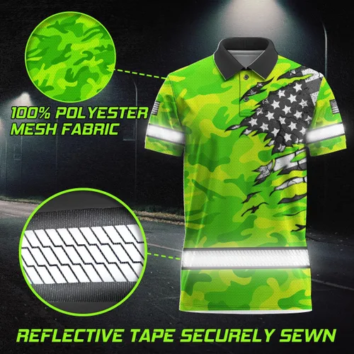 Vista 3 de Polo reflectante con bandera de camuflaje de alta visibilidad para hombres y mujeres, polo de seguridad para trabajo, patriótico