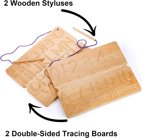 Vista 3 de Tabla de seguimiento de números y letras, tablero sensorial portátil de madera para aprendizaje del alfabeto, juguetes Montessori para niños de 3 a