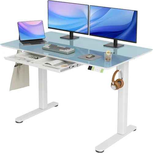 Vista 9 de INNOVAR Escritorio de pie de cristal con cajones, escritorio de pie ajustable de 32 x 19 pulgadas, escritorio de computadora de oficina en casa