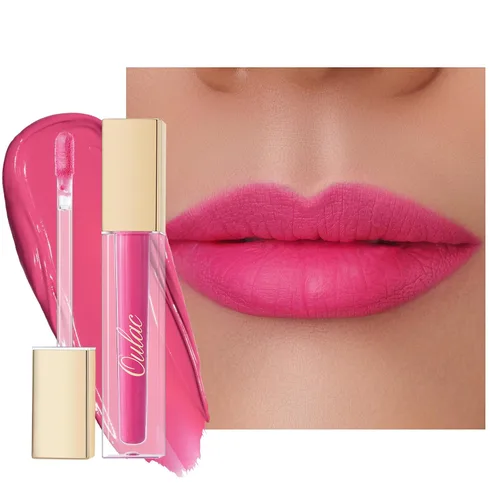 Vista 15 de Oulac Lápiz labial mate rosa para mujeres, lápiz labial líquido duradero de color rosa intenso, color de labios de alto impacto con cobertura total