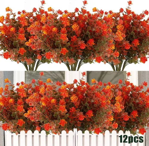 Vista 65 de RECUTMS - Flores artificiales, 12 plantas sintéticas para exteriores, resisten rayos ultravioleta, arbustos para interiores y exteriores, maceta