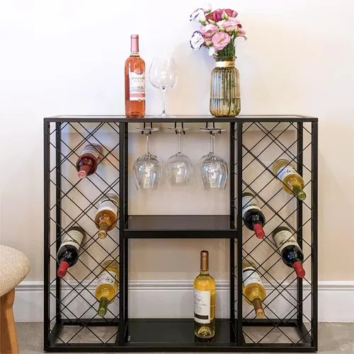 Vista 3 de Mango Steam Consola de estante de vino con mesa de cristal (34 botellas, negro)