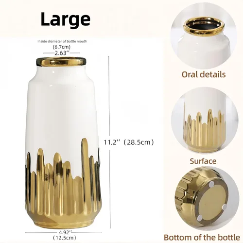 Vista 2 de Jarrón grande de cerámica blanca con detalles chapados en oro de 11 pulgadas de alto, florero decorativo para sala de estar, decoración moderna
