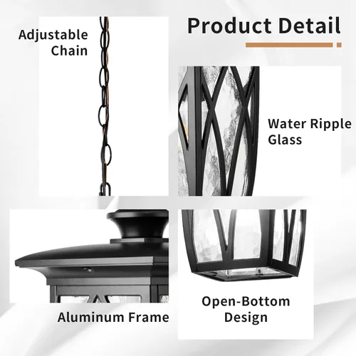 Vista 4 de JYZ Paquete de 2 lámparas colgantes para exteriores, farol colgante exterior de 12 pulgadas, lámpara moderna de metal negro para exteriores, lámpara