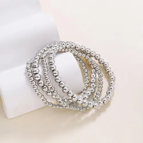 Vista 6 de Pulseras de cuentas de oro para mujer, juego apilable de bolas de cuentas, pulsera elástica elástica chapada en 14 quilates, joyería delicada