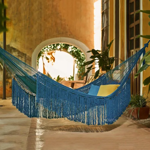 Vista 2 de NOVICA Hamaca maya de algodón azul turquesa 1001 Summer Nights de México 'Caribbean Blue Cascade