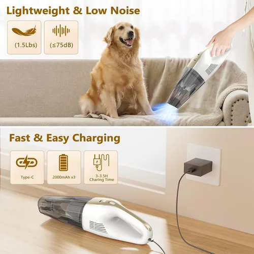 Vista 5 de Aspiradora de mano inalámbrica, 16000 Pa 160 W, aspiradora de coche con pantalla LED, potente aspiradora de mano de 30 minutos, portátil