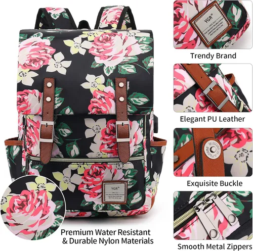 Vista 5 de YGR - Mochila con estampado floral para laptop para mujeres, hembras, escuela, viaje, negocios, deportes al aire libre, oficina, trabajo