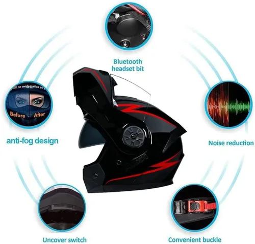 Vista 5 de Casco modular con Bluetooth abatible, de cara completa, doble visera solar, certificado por DOT, altavoz dual integrado con micrófono, cascos de 3