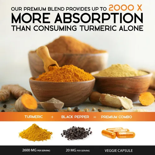 Vista 3 de Suplemento de curcumina de cúrcuma de 2600 mg – 95% curcuminoides con cúrcuma orgánica y pimienta negra BioPerine para una mejor absorción, apoyo
